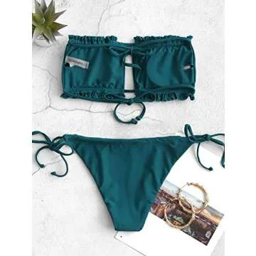 ZAFUL Ruffle Tie Side Low Waisted Bandeau Bikini Swimsuit