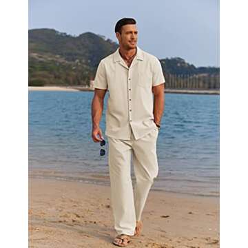 COOFANDY Men's Beach Outfits 2 Piece Linen Sets Casual Button Down Cuban Shirt and Loose Pant Sets
