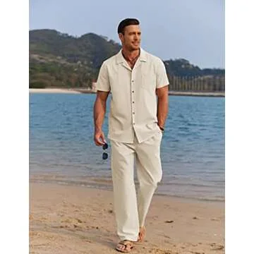 COOFANDY Men's Beach Outfits 2 Piece Linen Sets Casual Button Down Cuban Shirt and Loose Pant Sets