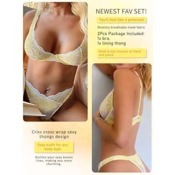 Dlsave Sexy Lingerie for Women Lace V Neck Push Up Lingerie Sets Yellow