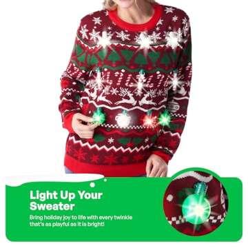 Giggling Getup Nordic Christmas Sweaters for Women, Light Up Christmas Sweater, Reindeer Ugly Christmas Sweater LED Winter Sweater for Men, Women-S Red