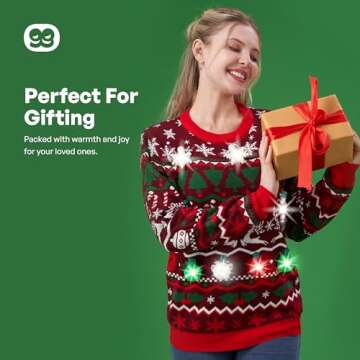 Giggling Getup Nordic Christmas Sweaters for Women, Light Up Christmas Sweater, Reindeer Ugly Christmas Sweater LED Winter Sweater for Men, Women-S Red