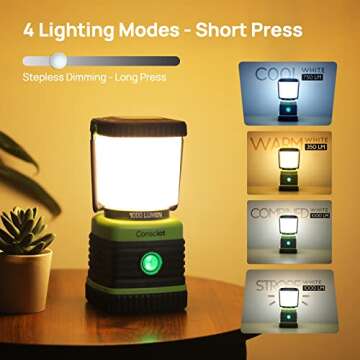 LED Camping Lantern Rechargeable, Consciot Camping Lights, 1000LM, 4 Light Modes, 4400mAh Power Bank, IPX4 Waterproof Tent Lights, Dimmable Flashlight for Emergency, Power Outages, USB Cable Included