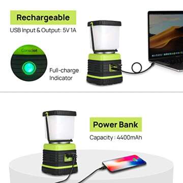 LED Camping Lantern Rechargeable, Consciot Camping Lights, 1000LM, 4 Light Modes, 4400mAh Power Bank, IPX4 Waterproof Tent Lights, Dimmable Flashlight for Emergency, Power Outages, USB Cable Included