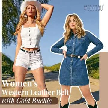 WERFORU Women Leather Belt Fashion Leather Waist Belt for Pants Jean Ladies Western Thin Belt with Gold/Silver Buckle（Fit Waist Size 26"-30",Black-Gold Buckle