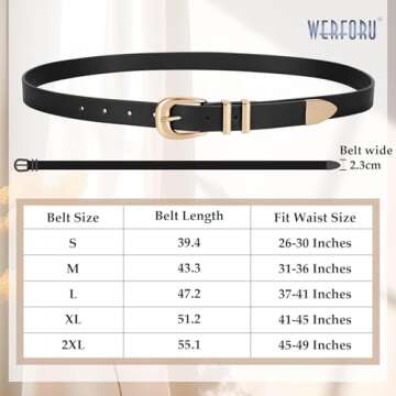 WERFORU Women Leather Belt Fashion Leather Waist Belt for Pants Jean Ladies Western Thin Belt with Gold/Silver Buckle（Fit Waist Size 26"-30",Black-Gold Buckle