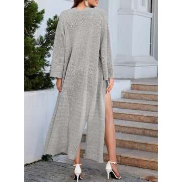 SHEWIN Long Cardigans for Women Trendy Casual 3/4 Sleeve Open Front Lightweight Crochet Floor Length Maxi Cardigan Loose Split Kimonos for Women Grey One Size