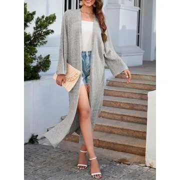 SHEWIN Long Cardigans for Women Trendy Casual 3/4 Sleeve Open Front Lightweight Crochet Floor Length Maxi Cardigan Loose Split Kimonos for Women Grey One Size