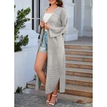 SHEWIN Long Cardigans for Women Trendy Casual 3/4 Sleeve Open Front Lightweight Crochet Floor Length Maxi Cardigan Loose Split Kimonos for Women Grey One Size