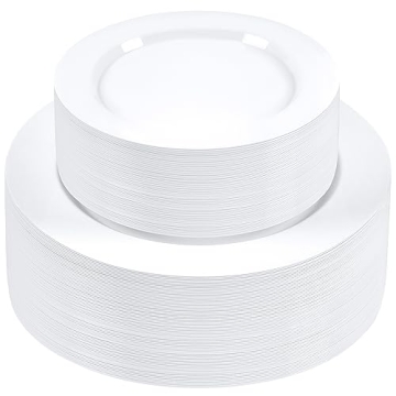 SETUP 100 Piece Combo White Plastic Plates - Heavy-Duty Disposable Dinner and Salad Plates for All O...