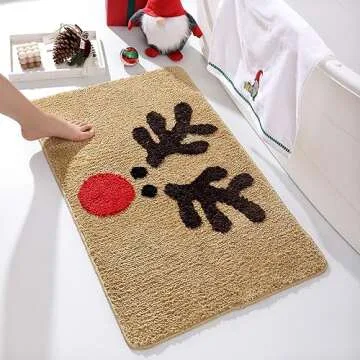 TRUEDAYS Bathroom Rugs Brown Christmas Rug with Reindeer Cute Bath Mat Xmas Elk Washable Kitchen Rugs for Living Room and Bedroom Non Slip
