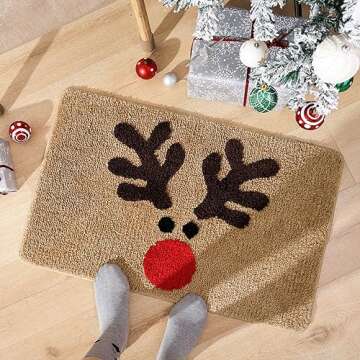 TRUEDAYS Bathroom Rugs Brown Christmas Rug with Reindeer Cute Bath Mat Xmas Elk Washable Kitchen Rugs for Living Room and Bedroom Non Slip