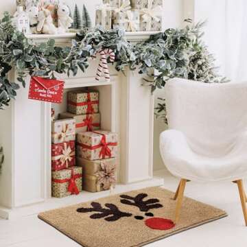 TRUEDAYS Bathroom Rugs Brown Christmas Rug with Reindeer Cute Bath Mat Xmas Elk Washable Kitchen Rugs for Living Room and Bedroom Non Slip