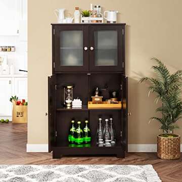 Tangkula Bathroom Floor Cabinet, Freestanding Storage Cabinet w/Glass Doors, Wood Kitchen Cupboard w/Adjustable Shelf, Bathroom Storage Cabinet for Hallway Living Room Office (Cabinets, Brown)