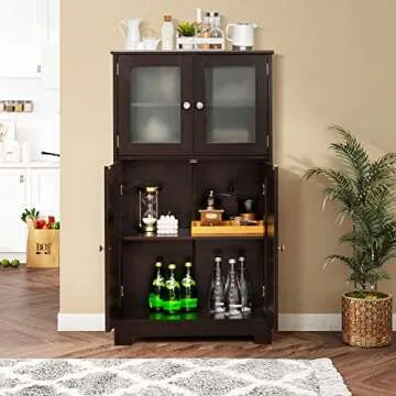 Tangkula Bathroom Floor Cabinet, Freestanding Storage Cabinet w/Glass Doors, Wood Kitchen Cupboard w/Adjustable Shelf, Bathroom Storage Cabinet for Hallway Living Room Office (Cabinets, Brown)