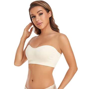 Lusait Strapless Bra for Women Non-Slip Silicone Padded Bandeau Bra Wireless Tube Top Bralette Beige L
