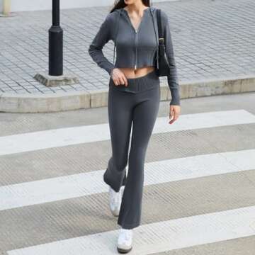 Biivrii Women Ribbed Knit 2 Piece Outfits Long Sleeve Zipper-Up Slim Fit Hooded Crop Tops High Waist Long Pants Loungewear