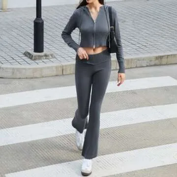 Biivrii Women Ribbed Knit 2 Piece Outfits Long Sleeve Zipper-Up Slim Fit Hooded Crop Tops High Waist Long Pants Loungewear