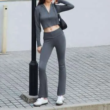 Biivrii Women Ribbed Knit 2 Piece Outfits Long Sleeve Zipper-Up Slim Fit Hooded Crop Tops High Waist Long Pants Loungewear