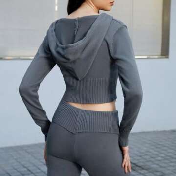 Biivrii Women Ribbed Knit 2 Piece Outfits Long Sleeve Zipper-Up Slim Fit Hooded Crop Tops High Waist Long Pants Loungewear