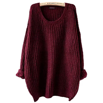 ARJOSA Women's Fall Sweaters Pullover Oversized Crew Neck Long Sleeve Knit Sweater Tunic Tops (Medium, Wine Red)