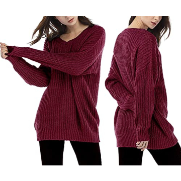 ARJOSA Women's Fall Sweaters Pullover Oversized Crew Neck Long Sleeve Knit Sweater Tunic Tops (Medium, Wine Red)