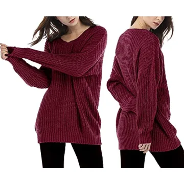 ARJOSA Women's Fall Sweaters Pullover Oversized Crew Neck Long Sleeve Knit Sweater Tunic Tops (Medium, Wine Red)
