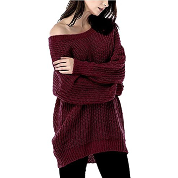 ARJOSA Women's Fall Sweaters Pullover Oversized Crew Neck Long Sleeve Knit Sweater Tunic Tops (Medium, Wine Red)