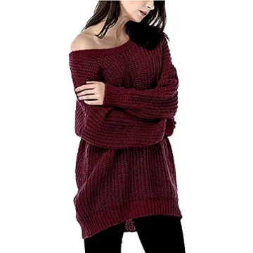 ARJOSA Women's Fall Sweaters Pullover Oversized Crew Neck Long Sleeve Knit Sweater Tunic Tops (Medium, Wine Red)
