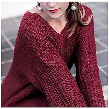 ARJOSA Women's Fall Sweaters Pullover Oversized Crew Neck Long Sleeve Knit Sweater Tunic Tops (Medium, Wine Red)