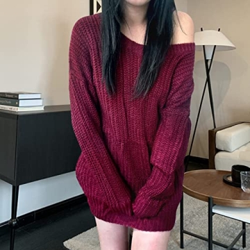 ARJOSA Women's Fall Sweaters Pullover Oversized Crew Neck Long Sleeve Knit Sweater Tunic Tops (Medium, Wine Red)