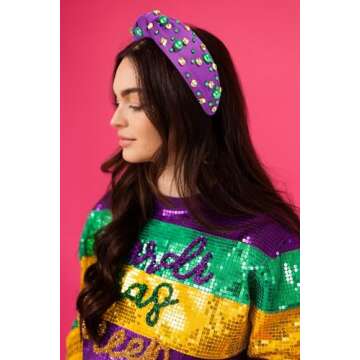 GLBCC Mardi Gras Hairband for Women Purple Pearl Rhinestone Knotted Headband Carnival Parade Party Hair Accessories