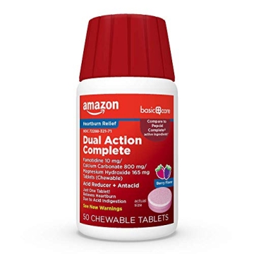 Amazon Basic Care Dual Action Complete, Chewable Acid Reducer Plus Antacid Tablets, Berry Flavor, He...