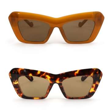 Karsaer Vision Retro Vintage Cateye Square Sunglasses Plastic Frame 90s sunglasses Stylish Classic 70s Eyewear ((2Pcs) Amber+Tortoise)