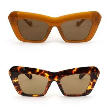 Karsaer Vision Retro Vintage Cateye Square Sunglasses Plastic Frame 90s sunglasses Stylish Classic 70s Eyewear ((2Pcs) Amber+Tortoise)