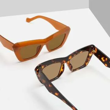 Karsaer Vision Retro Vintage Cateye Square Sunglasses Plastic Frame 90s sunglasses Stylish Classic 70s Eyewear ((2Pcs) Amber+Tortoise)