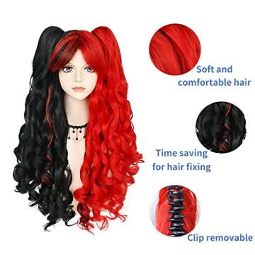 JoneTing Red and Black Curly Ponytail Wig for Cosplay