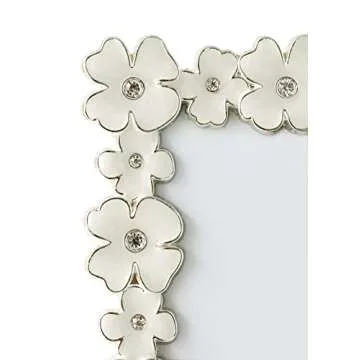 Licotom Metal Picture Frame Silver Plated with Ivory White Enamel and Crystals, Lovely Flowers Photo...
