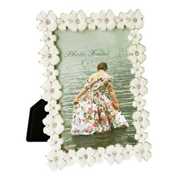 Licotom Metal Picture Frame Silver Plated with Ivory White Enamel and Crystals, Lovely Flowers Photo Frame 5x7 inch