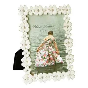 Licotom Metal Picture Frame Silver Plated with Ivory White Enamel and Crystals, Lovely Flowers Photo Frame 5x7 inch