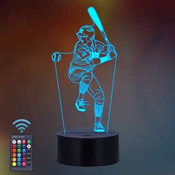 Baseball Gifts, Baseball Player 3D Night Light 16 Colors Changing Night Lamp for Kids with Remote Co...