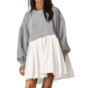 ANRABESS Women Sweatshirts Dress Oversized Long Sleeve Patchwork Casual Loose Pleated Pullover Mini ...