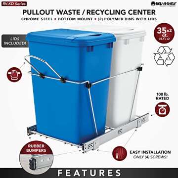 Rev-A-Shelf Double Pullout Trash Can for Kitchen Cabinets 35 Qt Garbage Recycling Bin on Full Extens...