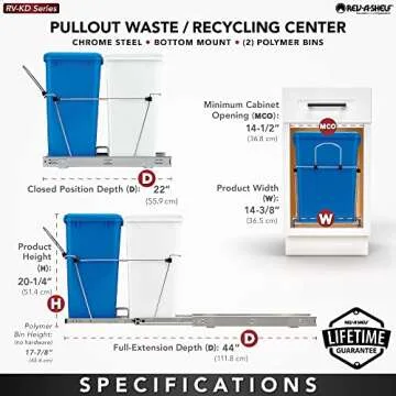 Rev-A-Shelf Double Pullout Trash Can for Kitchen Cabinets 35 Qt Garbage Recycling Bin on Full Extension Slide, Blue/White, RV-18KD-11RC-S