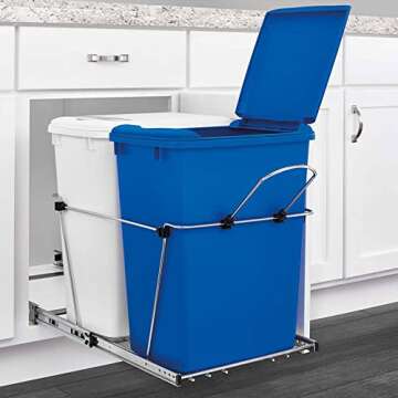 Rev-A-Shelf Double Pullout Trash Can for Kitchen Cabinets 35 Qt Garbage Recycling Bin on Full Extension Slide, Blue/White, RV-18KD-11RC-S