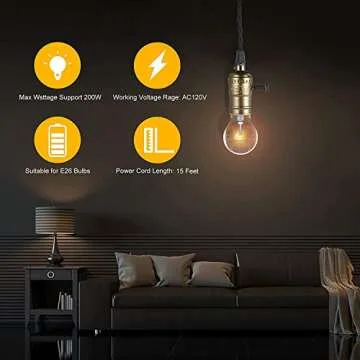 Simple Deluxe 15FT Pendant Light Cord, Suitable E26 Socket with Switch, Twisted Black Cloth Plug in Hanging Light Kit, for Industrial Retro DIY Decoration