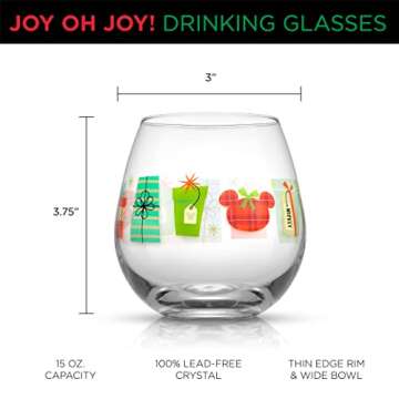 JoyJolt Disney Mickey Mouse Joy O Joy Stemless Wine Glasses. Set of 4 Wine Glass Drinking Glasses. Joyful Gifts and Xmas Disney Stuff. 15oz Disney Wine Glass Mickey Mouse Cup Set.