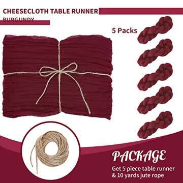 5 Pack 10Ft Burgundy Cheesecloth Table Runner Boho Bulk Gauze Table Runner Cheesecloth Fabric for Wedding Bridal Shower Birthday Party Baby Shower Decor 35x120 Inch