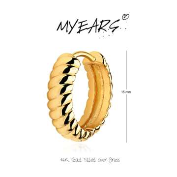 MYEARS Women Twisted Earrings Gold Huggie Croissant Hoop 14K Gold Plated Small Simple Hypoallergenic Everyday Jewelry