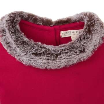 Hope & Henry Girls' Short Sleeve Ponte Skater Dress with Faux Fur Collar Red